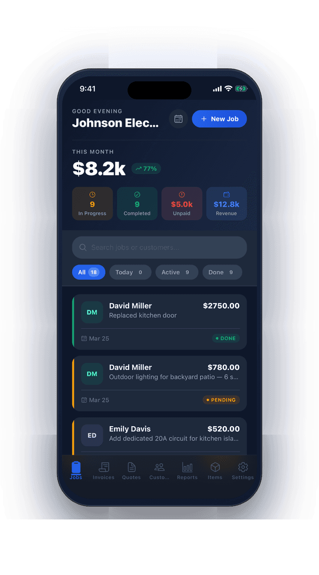 Workslip dashboard showing active jobs and monthly revenue