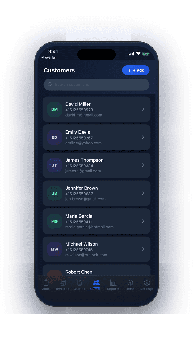 Customer management with contact details and job history