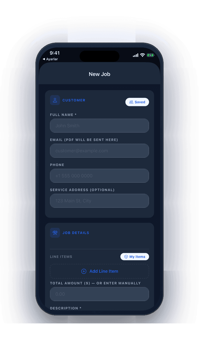 Creating a new job with customer details and line items