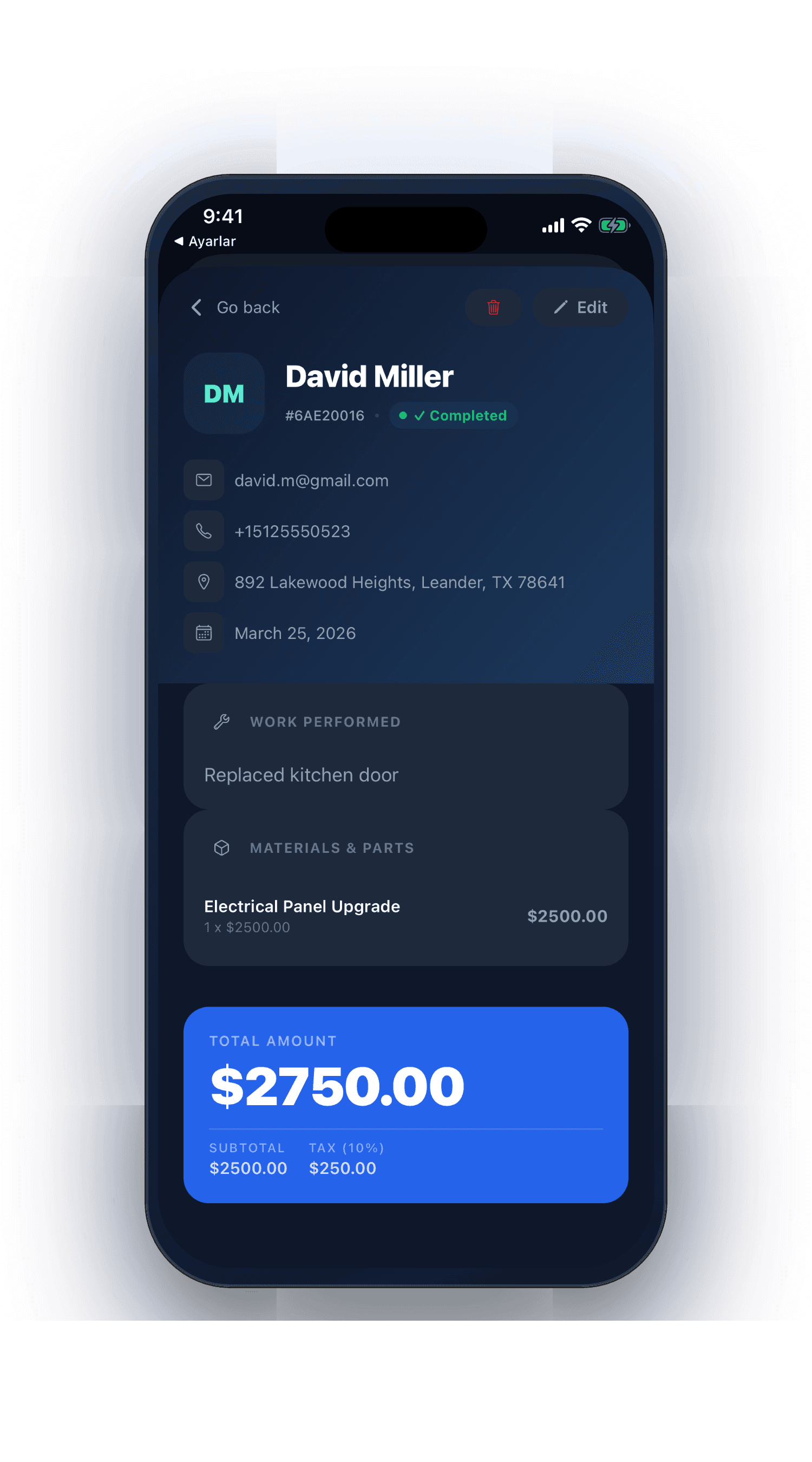 Job detail view with status tracking and customer info