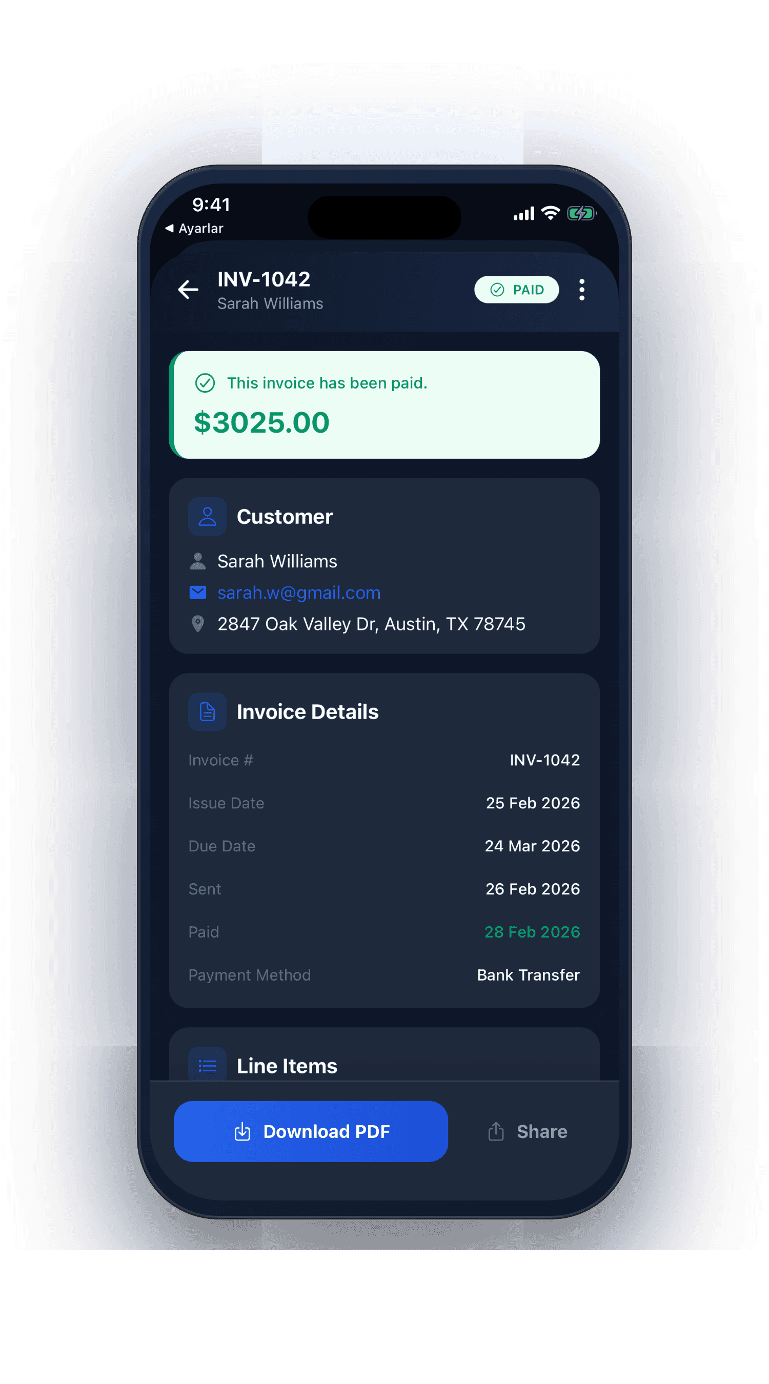 Invoice detail showing paid status with payment confirmation