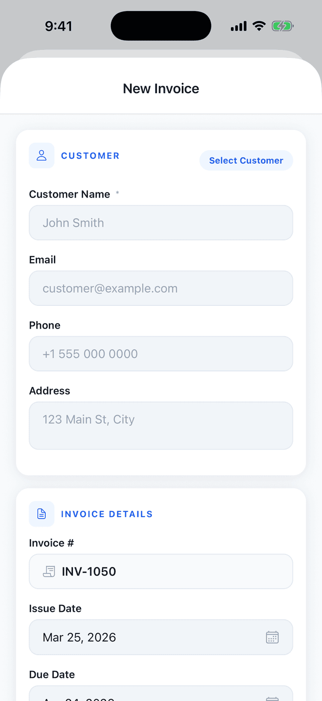 Creating a professional invoice with line items and tax calculation